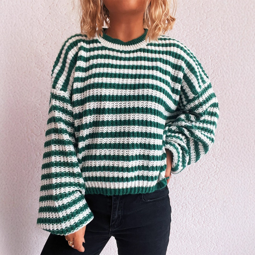 Autumn And Winter New Vintage Stripe Knitted Top Round Neck Long Sleeve Loose Pullover Sweater For Women