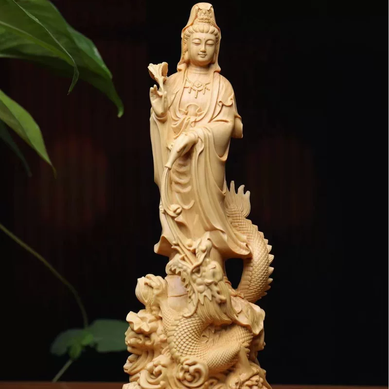 Authentic Chinese Boxwood Yew Wood Carving Dragon Guanyin Figurine, Solid Wood Ornamental Craft