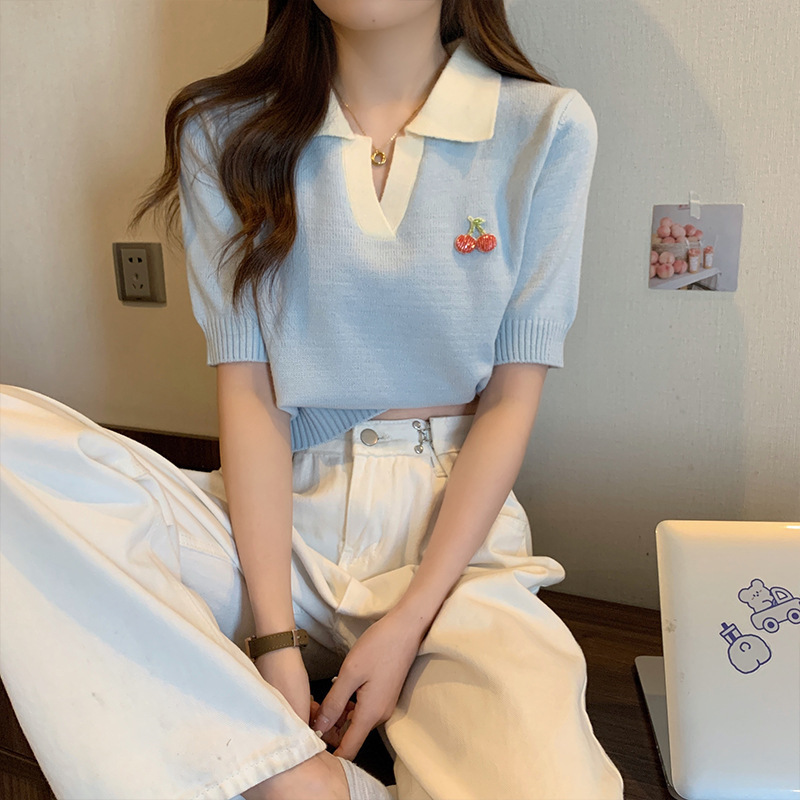 Blue lapel ice silk knitted short-sleeved shirt for women 2024…