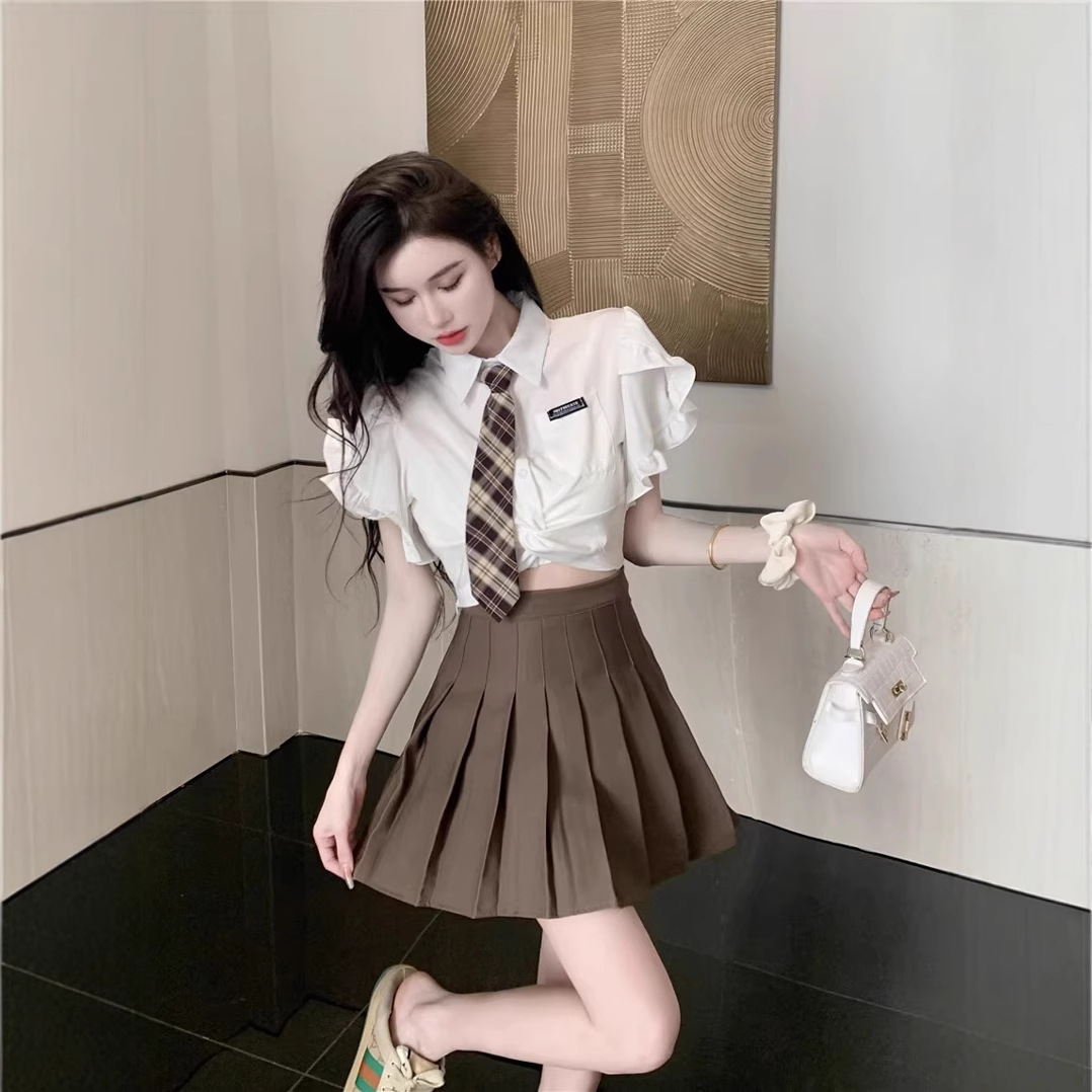 Summer JK Sweet College Style Uniform Top Pleated Short Skirt Hot Girls High Sense Korean Drama Two-piece Suit Women's Clothing