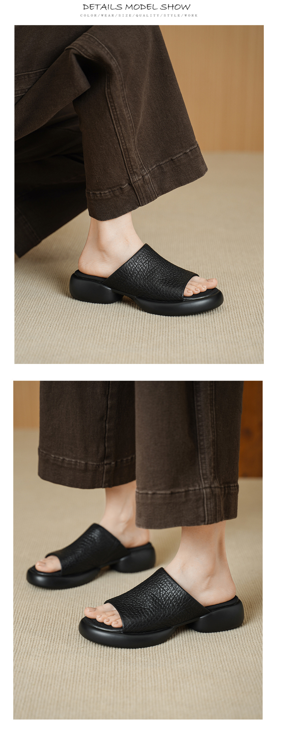 Dép sandal nữ quai chữ V đế dày da cừu khóa thắt lưng — đen chi tiết 13