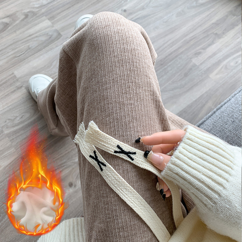 [Han Fei]Cashmere Wide leg pants 2022 winter new pattern Plush thickening Easy leisure time knitting Straight trousers