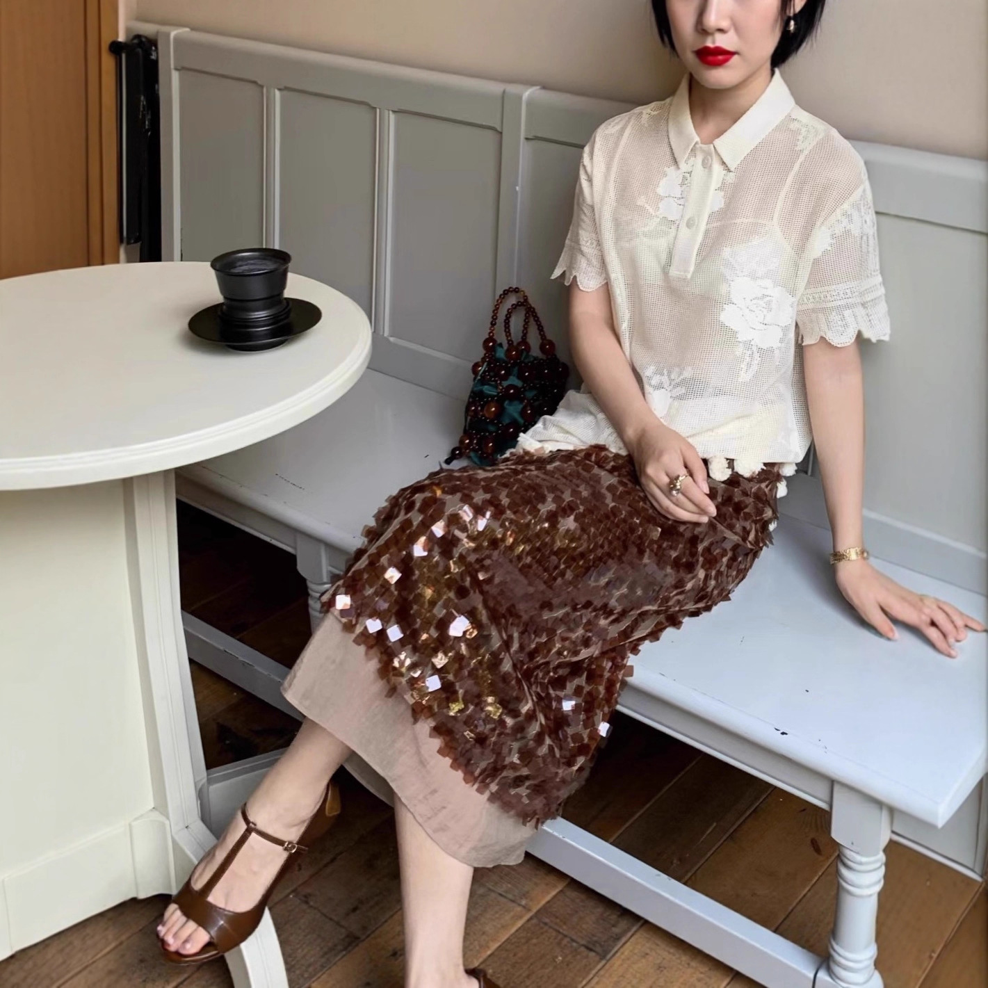 Autumn and Winter Warm-Toned Caramel Coffee-Colored Square Sequin Glitter Versatile High-End Splicing Straight Skirt