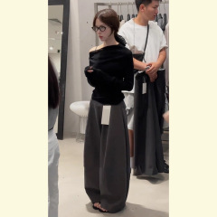 韩系穿搭小个子绝美漂亮休闲黑色斜领露肩长袖t恤裤子套装女秋季