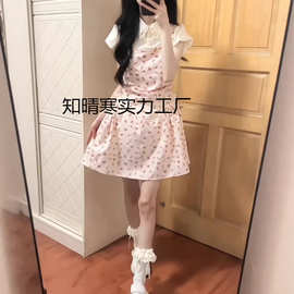 学院风可爱娃娃领泡泡袖假两件设计连衣裙女生夏季收腰显瘦字裙