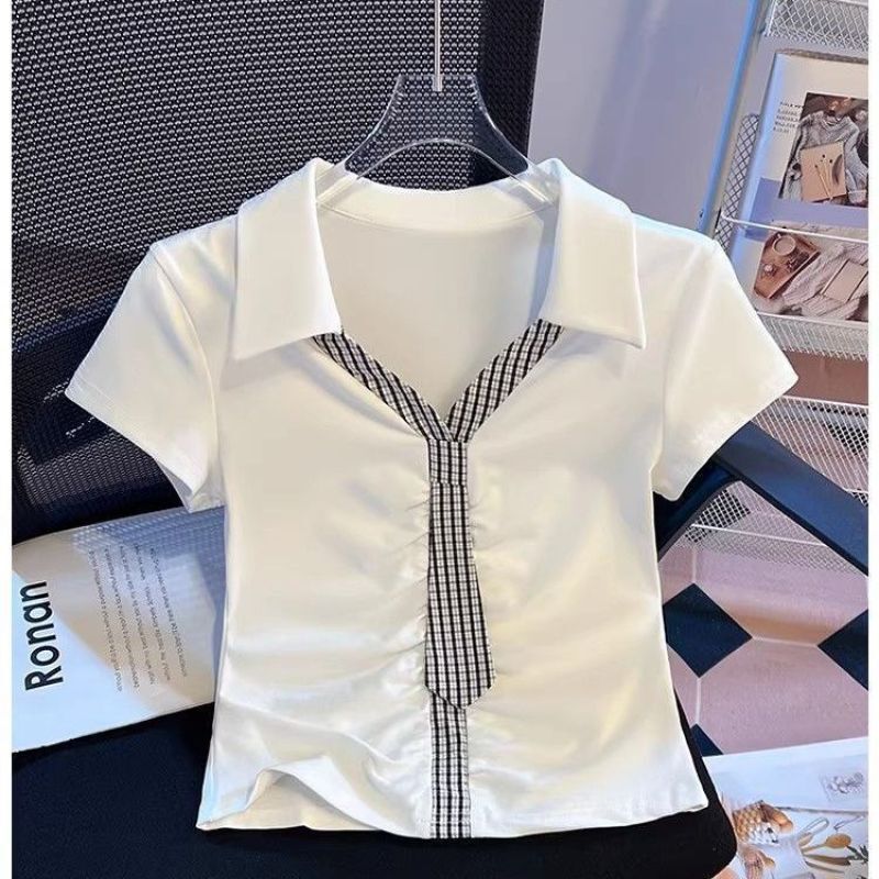 2026 Summer New Polo Collar Fake Two-Piece Plaid Tie Short Sleeve T-Shirt for Women, Slimming Base Shirt Top for Fashionable Girls 2026 Summer New Polo Collar Fake Two-Piece Plaid Tie Short Sleeve T-Shirt for Women, Slimming Base Shirt Top for Fashionable Girls