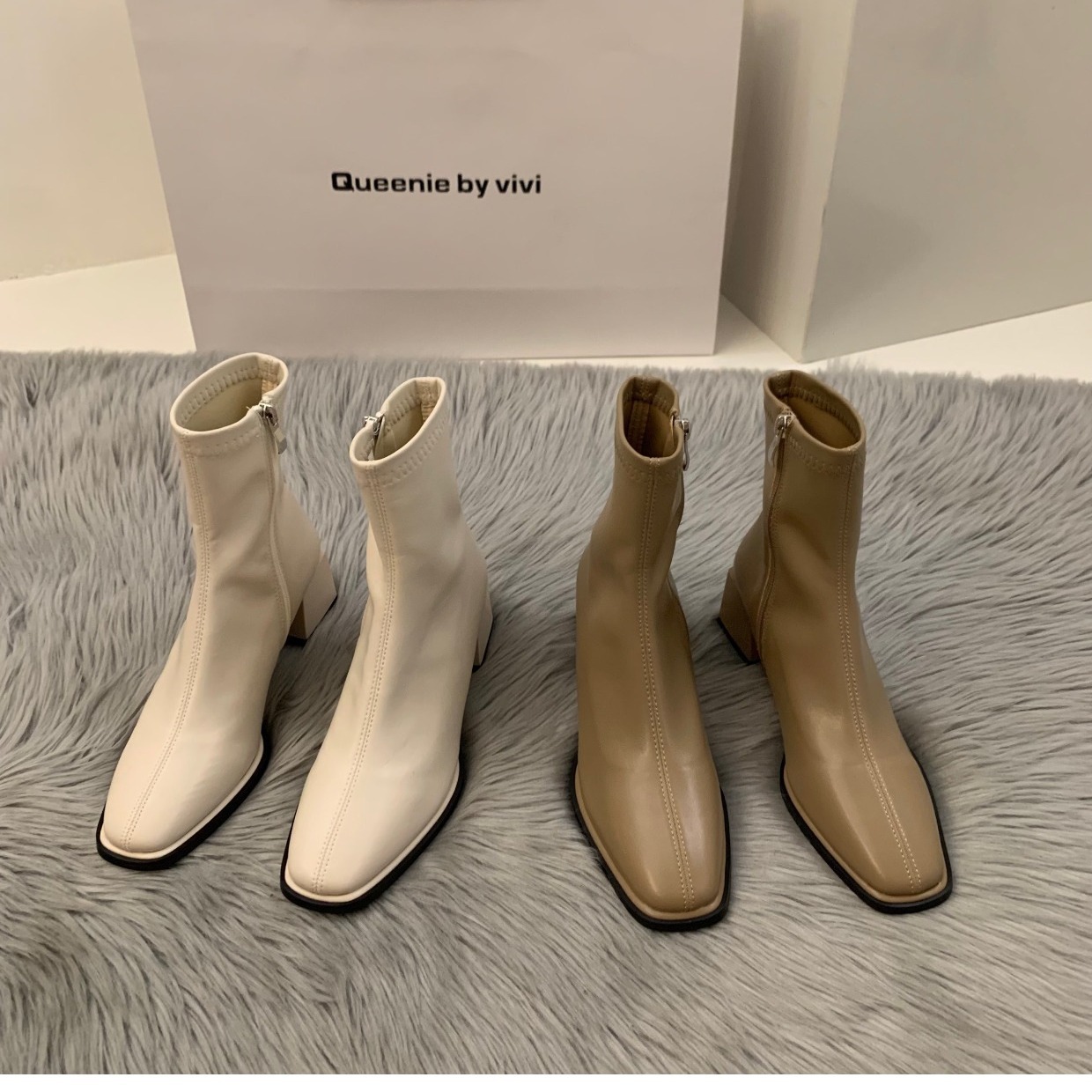 ShoeVault High Heel White Martin Short French Style Ankle Spring Summer Fleece-Lined New Slim Women's Boots_vogvips.com