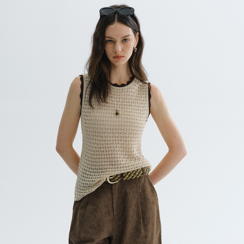 VAJE Tencel Linen Lace Trim Sleeveless Knit Top for Women, Short Style, 2026 New Summer Thin Fragrant Style Top