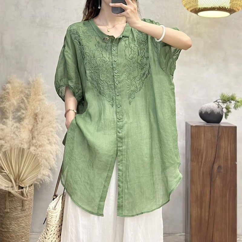 Cotton and Linen Short-Sleeved Shirt, Mid-Length, Artistic Retro Polo Collar Embroidered Top, New Summer Style, Versatile Loose-Fitting Women's Clothing Cotton and Linen Short-Sleeved Shirt, Mid-Length, Artistic Retro Polo Collar Embroidered Top, New Summer Style, Versatile Loose-Fitting Women's Clothing