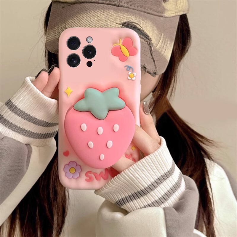 Strawberry Suitable for Apple 16Pro Mobile Phone Case 15Plus Cute Stylish 14Promax Pink Stand Mobile Phone Case