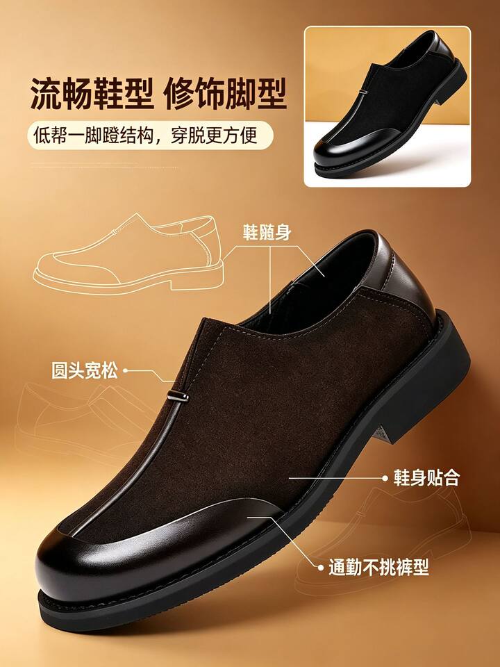 Giày da nam mũi vuông da thật kiểu lười xỏ chân, dễ phối đồ — Màu nâu tây., Thời trang đen chi tiết 12