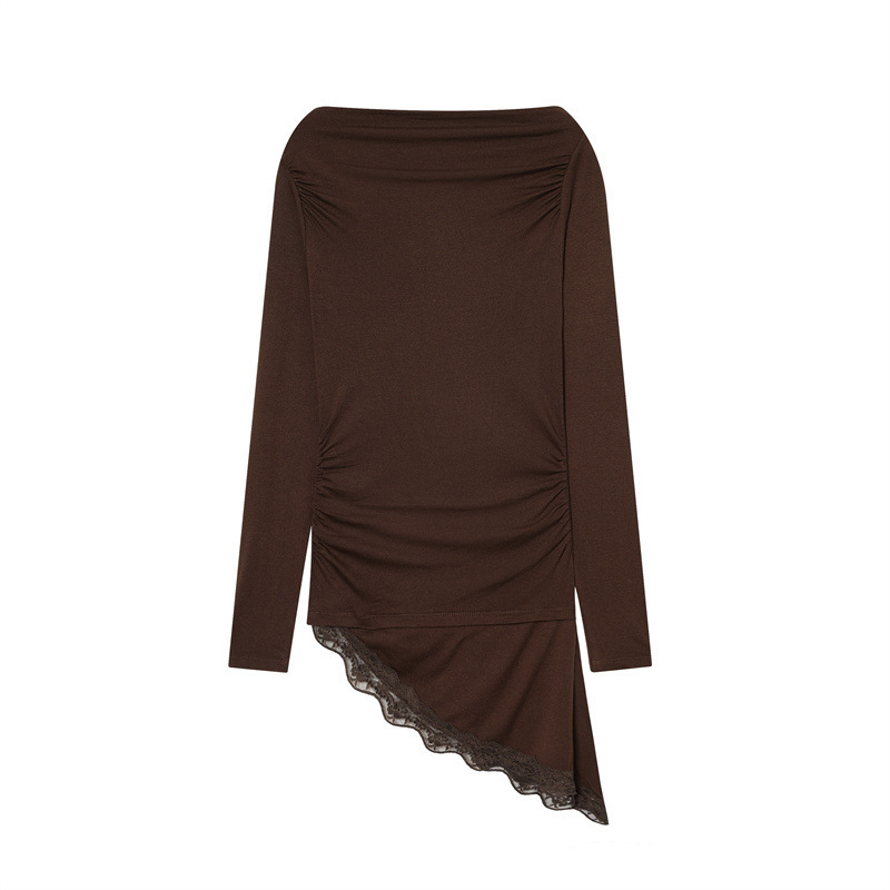 Foreign Trade Wholesale 2025 Autum New Fashion Simple Boat Neck Long-Sleeved Asymmetrical Hem Lace T-Shirt 0085852