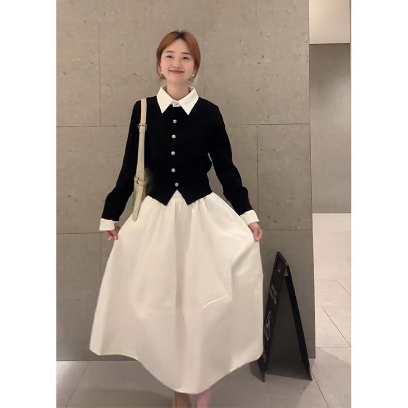 实价温柔风设计感翻领假两件上衣女秋季搭配花苞半身裙套装