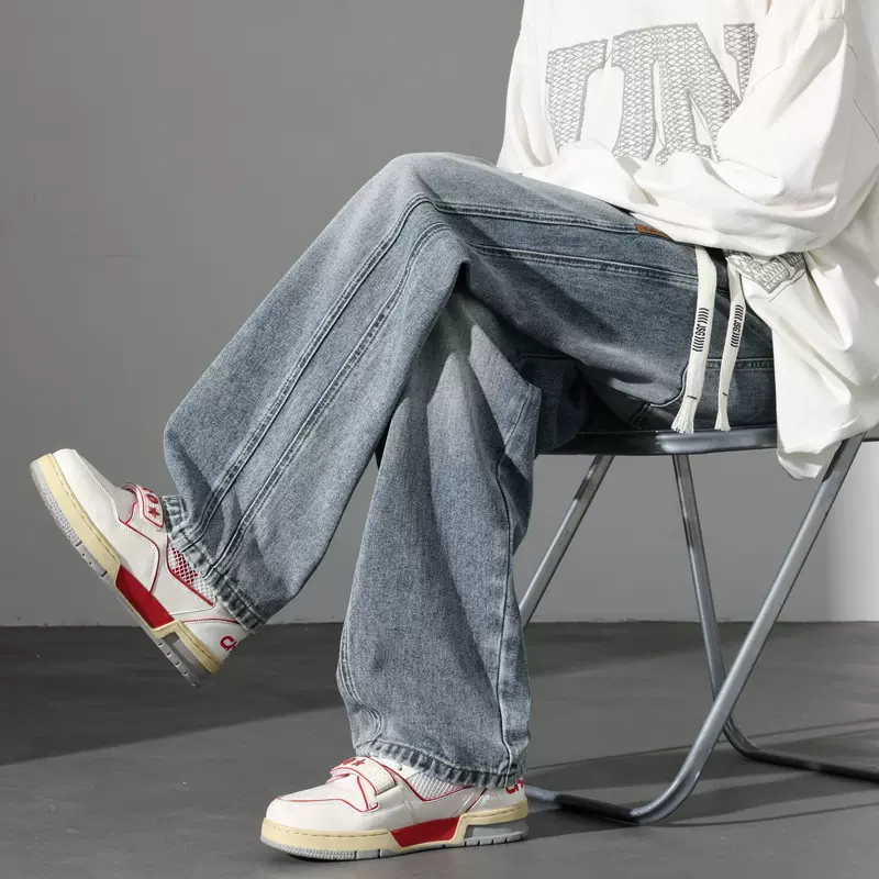 双条纹裤子牛仔裤男士2025年长裤休闲裤新款潮流宽松直筒长裤