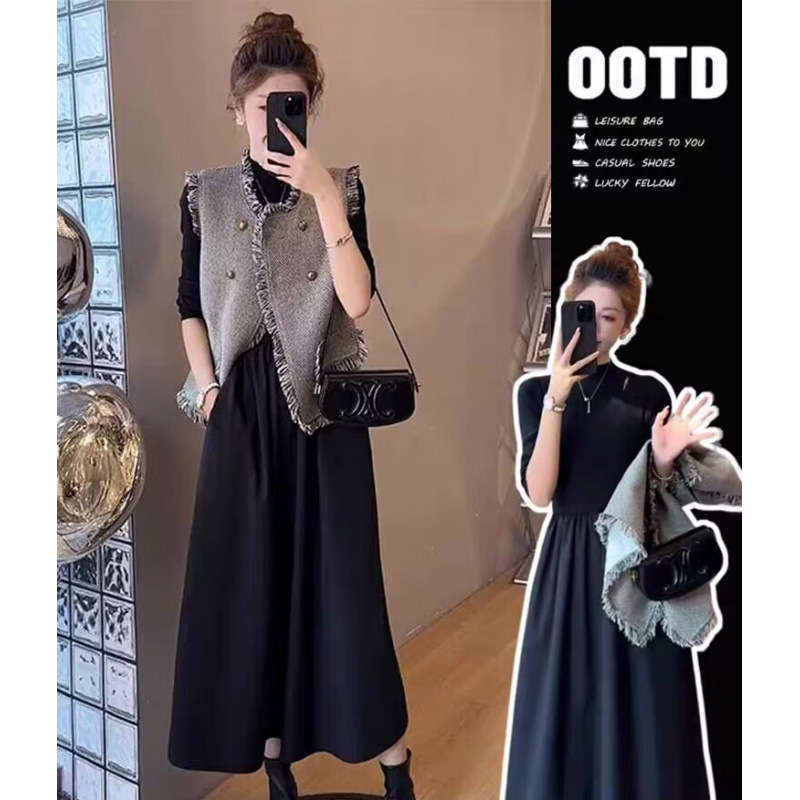 秋冬季哺乳衣外出辣妈款产后穿喂奶衣服小香风马甲+哺乳连衣裙|undefined