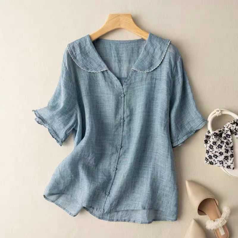 Real Shot Short Sleeve Navy Collar Ramie Top Artistic Retro Cotton Linen Small Shirt Doll Collar Loose Slim Thin New Style Real Shot Short Sleeve Navy Collar Ramie Top Artistic Retro Cotton Linen Small Shirt Doll Collar Loose Slim Thin New Style