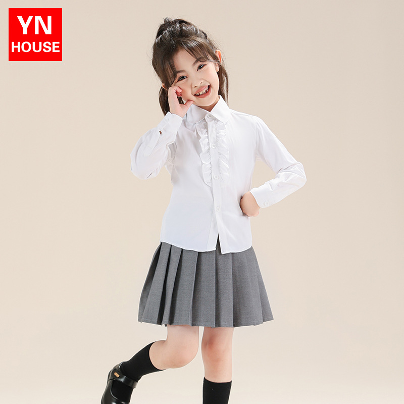 Niñas camisas de cinturón de 2 piezas set de encaje de pecho para niños camisa blanca de estilo universitario camisa de primavera y otoño