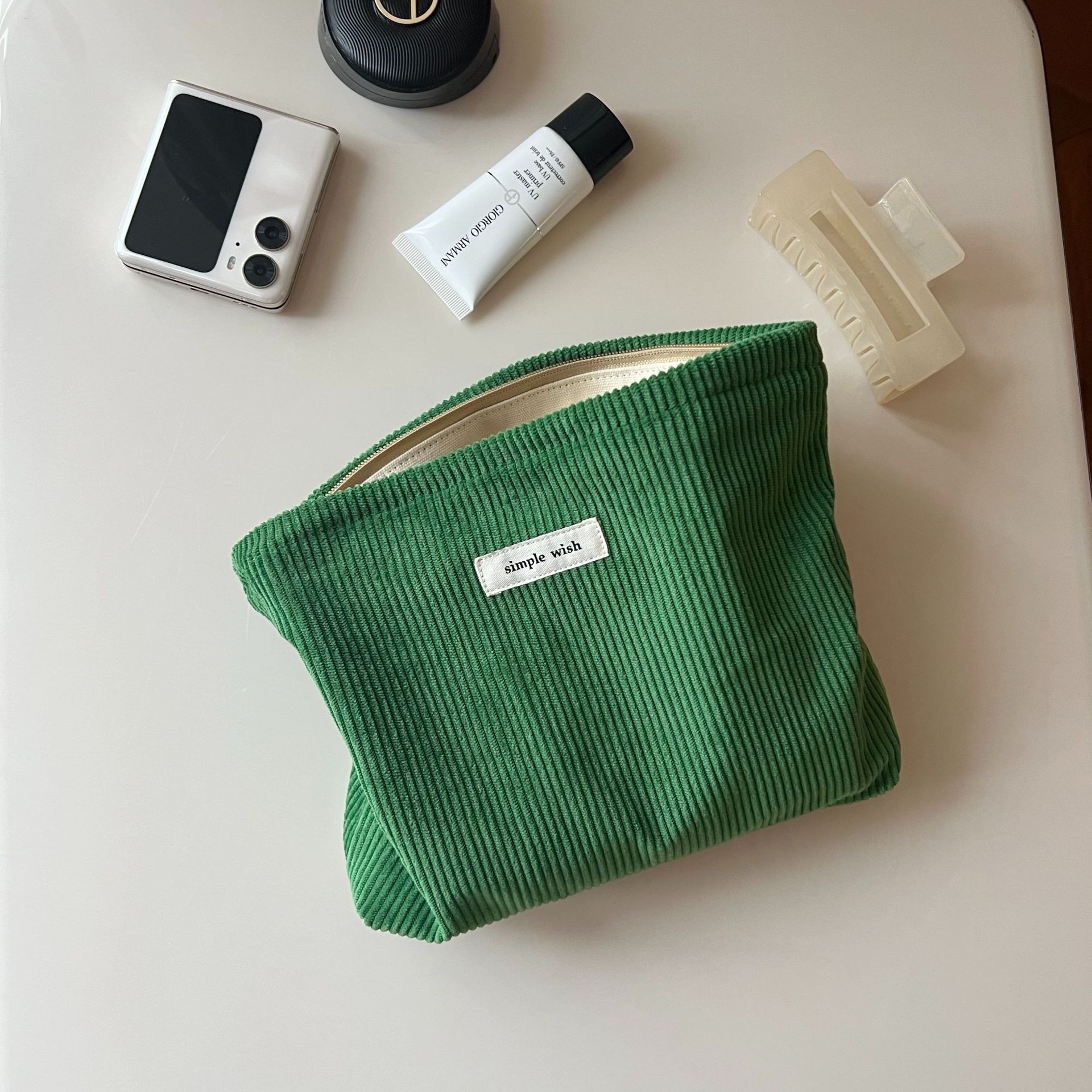 【Suxi Fabric Bag】Spring/Summer New Fresh Pink-Green Corduroy Makeup Bag for Girls Travel Storage Inner Fabric Pouch