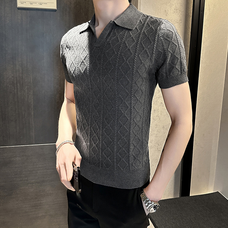 Camisa POLO cuello en V manga corta hombre textura en forma de diamante sentido negocio británico delgado verano hielo seda marea comercio exterior transfronterizo al por mayor