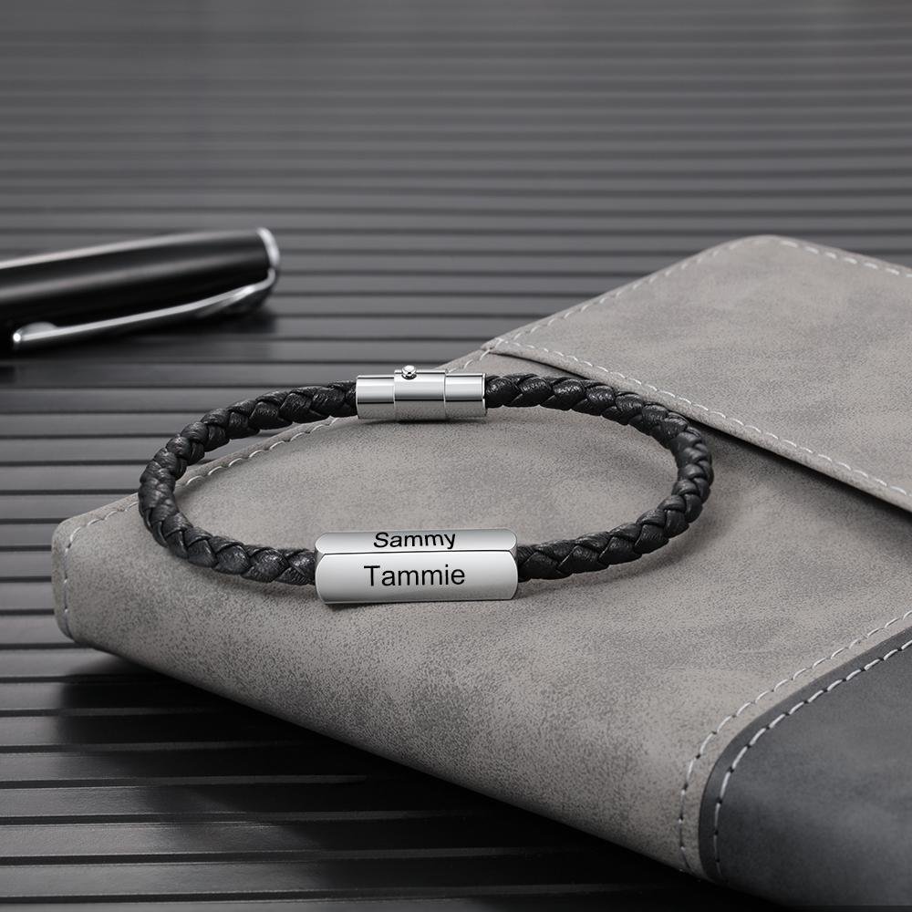 Trendy Minimalist Rectangular Snap Button Leather Cord Bracelet for Father's Day in Europe and America, Personalized with Name Engraving