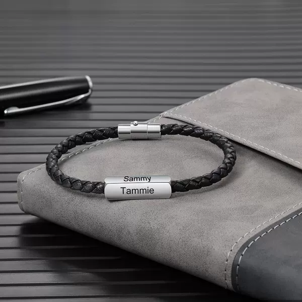 Trendy Minimalist Rectangular Snap Button Leather Cord Bracelet for Father's Day in Europe and America, Personalized with Name Engraving