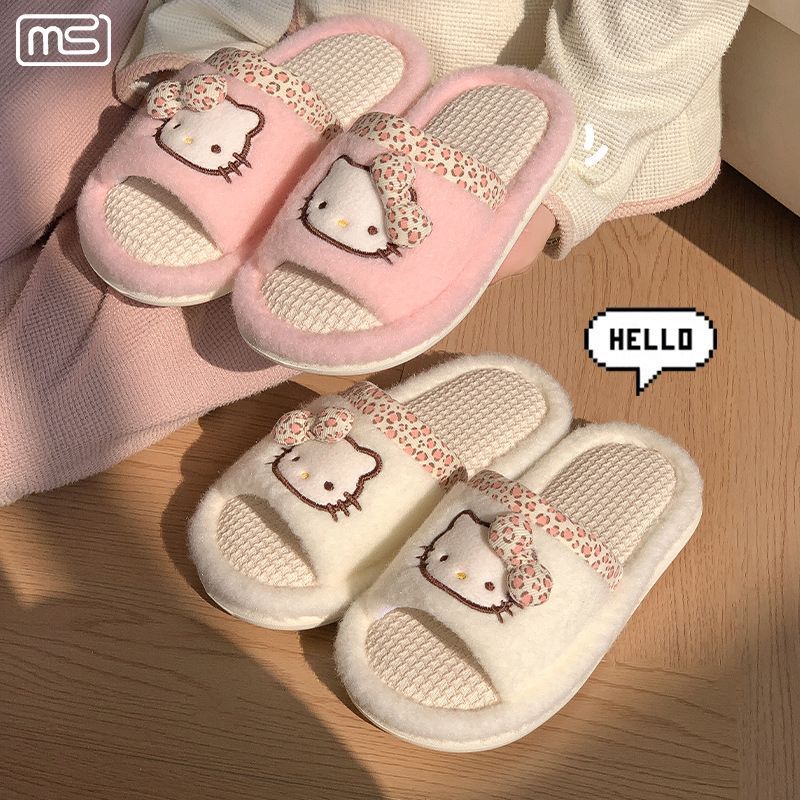 hello kitty 고양이 만화 귀여운 사계절 리넨 슬리퍼 여성 자택 실내 통기 미끄