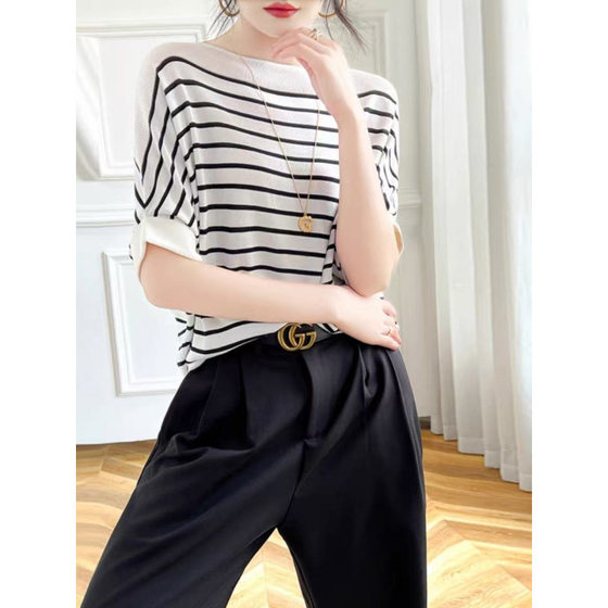 Black and White Stripe Collar Ice Silk Knitted Shirt Short-sleeved Summer New Loose Casual Bat-sleeved T-shirt Color-block Top