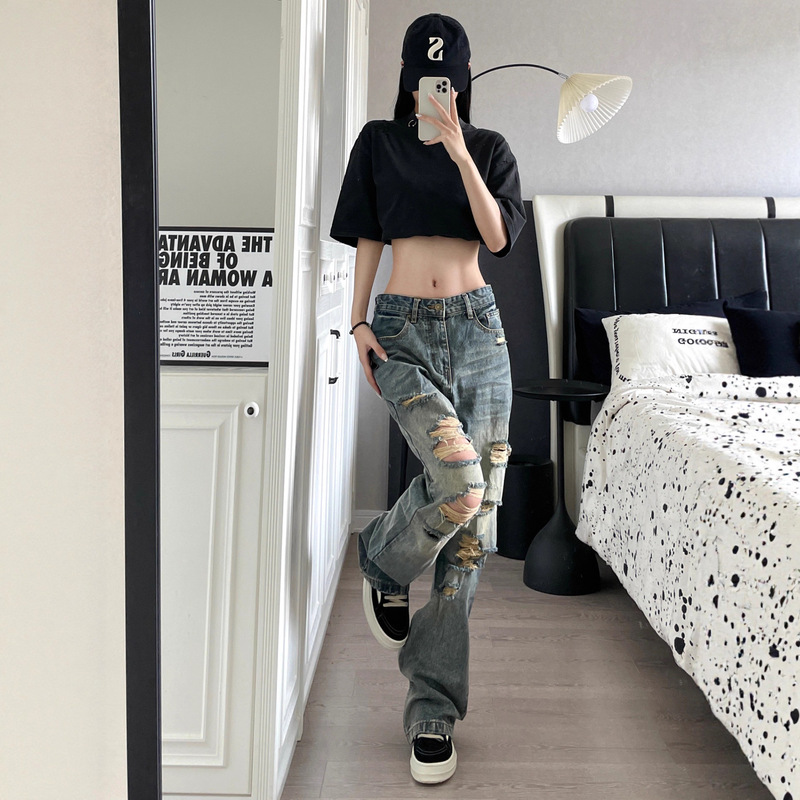 American High Street Yellow Mud Ripped Jeans Summer Trendy Brand Men's and Women's Straight Slimming Slightly Beggar Pants Blue Straight