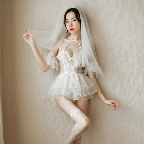 Lingerie Sexy Mesh Bridesmaid Temptation Set Strapless Passionate Transparent Uniform Women's New White Wedding Dress