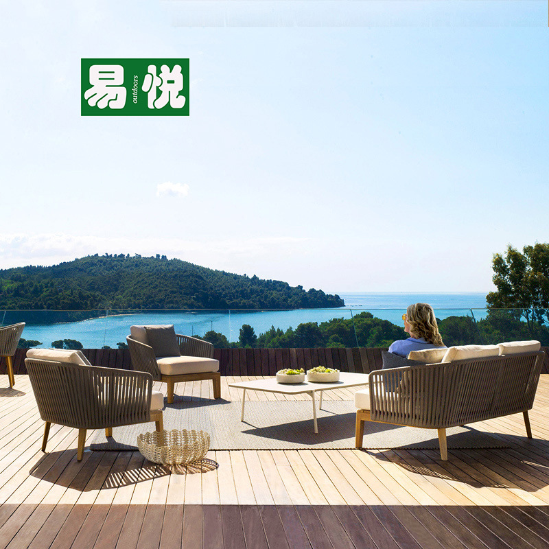 Muebles de jardín al aire libre sala de estar silla de caña sofá combinación de madera maciza caña sofá patio al aire libre chalet sofá de madera de caña