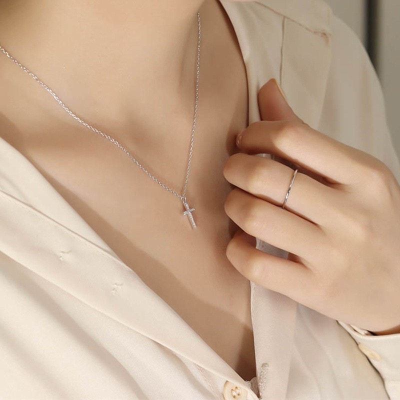 Inlay Design 925 Sterling Silver Zircon Cable Chain Inlay Cross Pendant Necklace