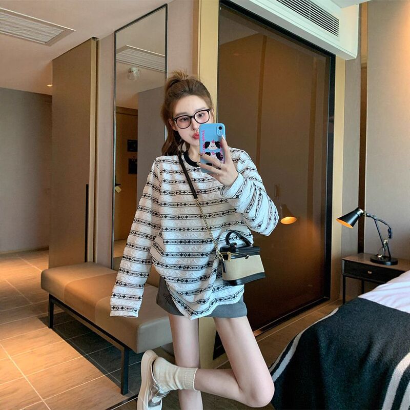 小众镂空拼接条纹长袖t恤女2025新款设计感宽松慵懒风打底衫上衣|undefined