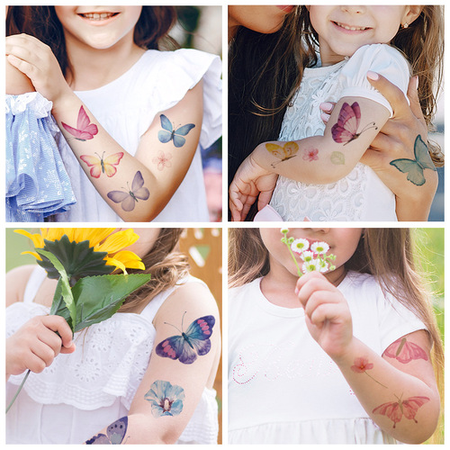 New Butterfly Tattoo Sticker Waterproof and Sweat Children's Cute Watercolor Cartoon Colorful Flower Butterfly Sticker Temporary Tattoo Sticker