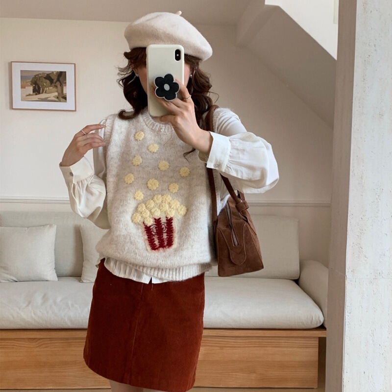 Korean-Style Cartoon Popcorn Embroidery Layered Knit Vest for Women, Stylish Sleeveless Sweater Pullover for Autumn and Winter