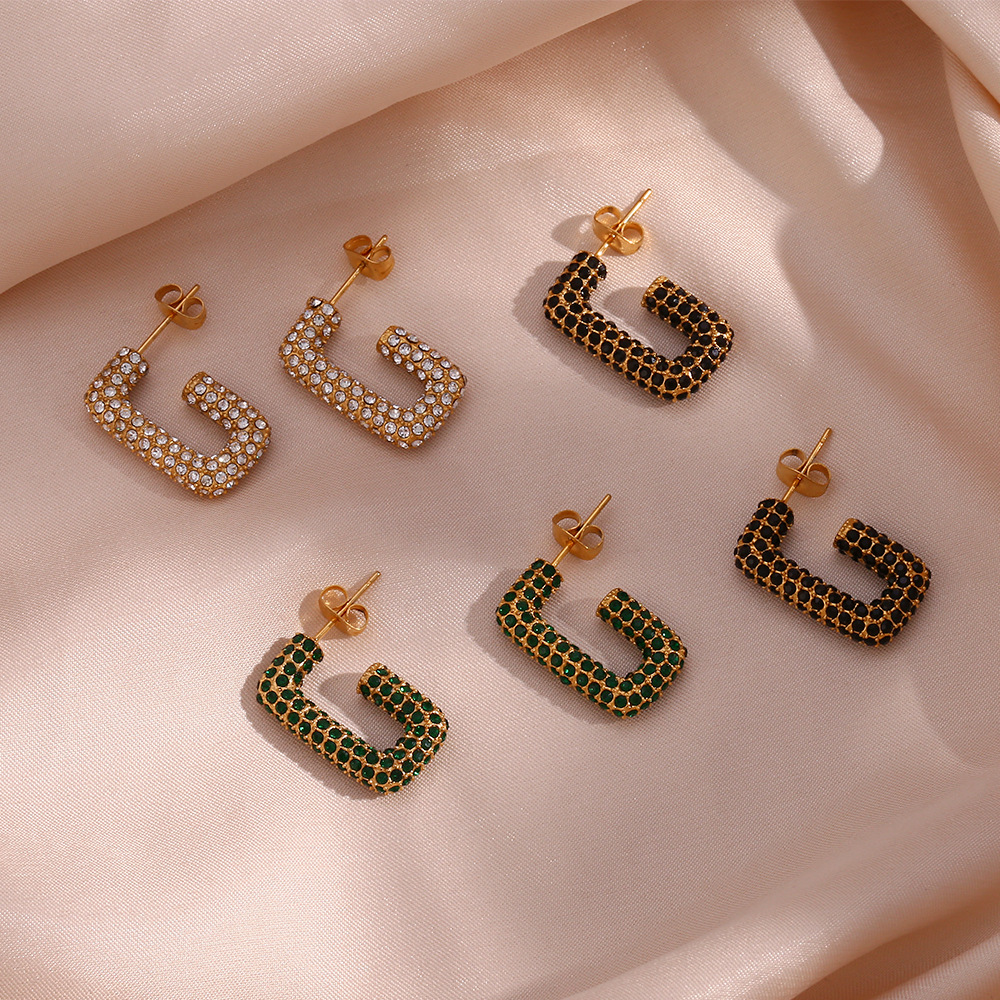 304 Stainless Steel Ear Needle Material Fashion Geometric Plating Metal 304 Stainless Steel Zircon 18K Gold Plated Earrings