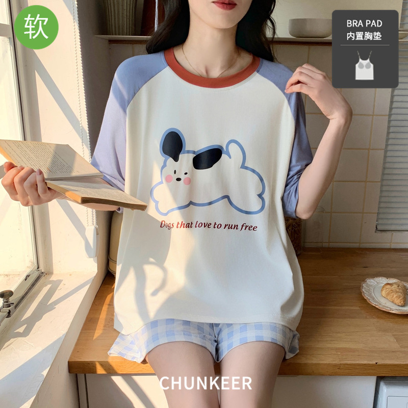 Pajamas Women's Modal Summer Short-sleeved Shorts Thin Cartoon Outer Wearable with Chest Pad Girl's Home Clothes suit