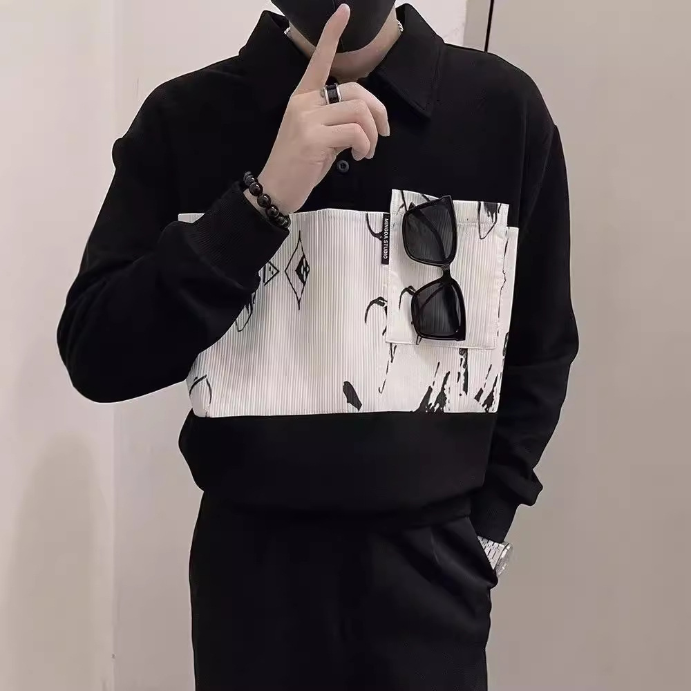 Men's Polo Collar Sweatshirt Contrast Patchwork Pullover Top_voghion.com