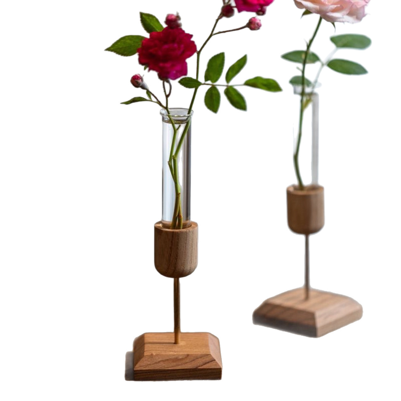 Decoración de escritorio para el hogar creativo, jarrón de madera, tubo de ensayo, arreglo floral de planta hidropónica de vidrio transparente, estilo pastoral simple