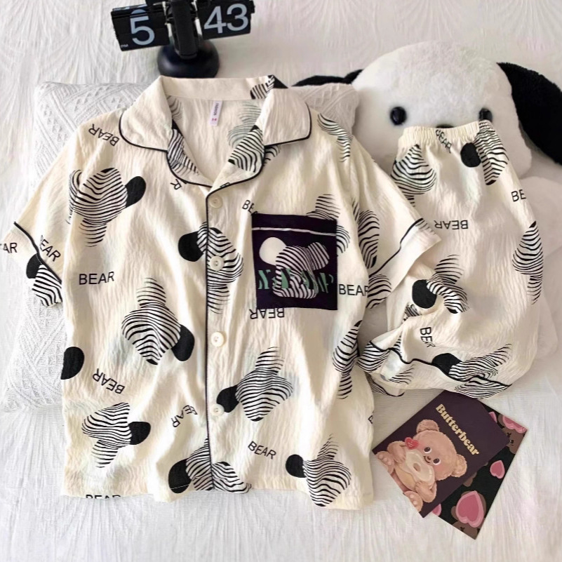 Summer New Kidsren's Pajamas for Boys and Girls, Short-Sleeved Shorts, Thin Cartoon Little Girls, Medium and Large Kidsren's Suits, Home Clothes