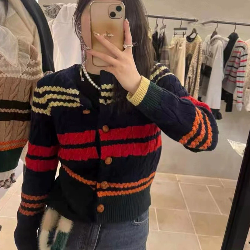 Женский кардиган крупной вязки RL на осень и зиму, полосатый свитер с круглым вырезом и цветовыми блоками, без застежки.