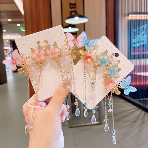 Chinese-style children's head accessory set for girls, Hanfu hair clip, ancient-style hairpin, hair accessory with flowing fairy tail, small butterfly hair decoration