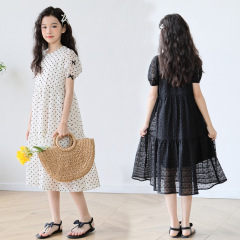 女童連衣裙24夏新款短袖紗裙清新公主裙甜美中長款連衣裙親子裙子