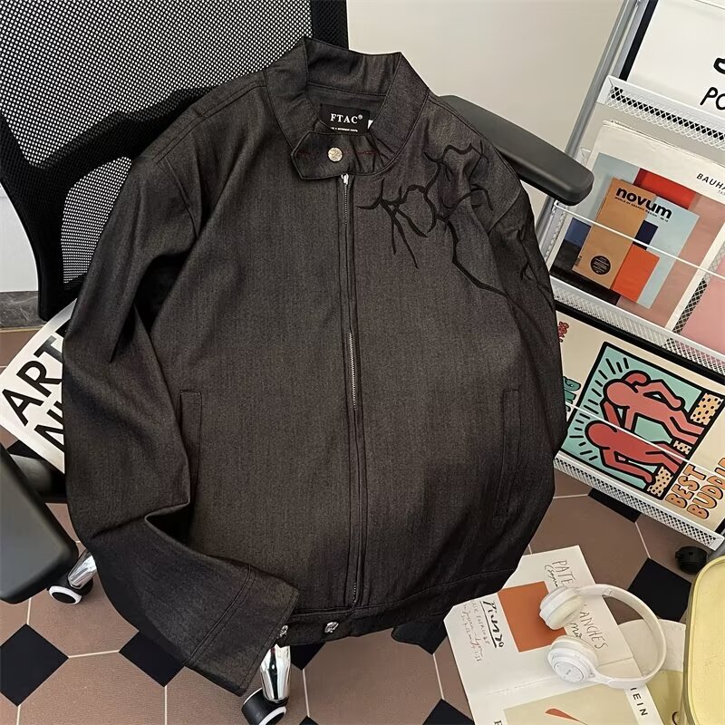 American Style Retro Thorns Short Shoulder Pad Jacket Men's Autumn and Winter High-end Harrington Bomber Jacket