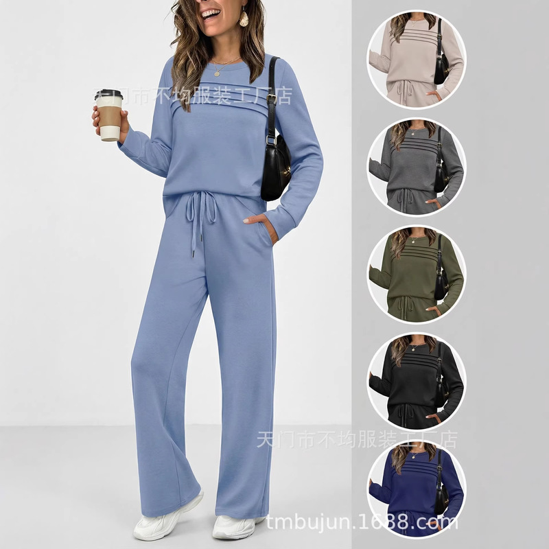 European and American Foreign Trade Cross-Border Women's Clothing, Amazon Hot-Selling Items, Spring and Autumn Pleated Sweatshirt and Wide-Leg Pants Casual Two-Piece Set European and American Foreign Trade Cross-Border Women's Clothing, Amazon Hot-Selling Items, Spring and Autumn Pleated Sweatshirt and Wide-Leg Pants Casual Two-Piece Set