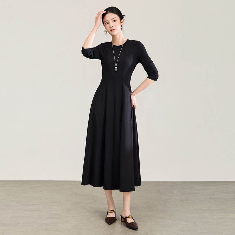 2613508-French-style fashionable simple waist-cinching long skirt, autumn long-sleeve dress for women, commuter long dress, Nanyou style