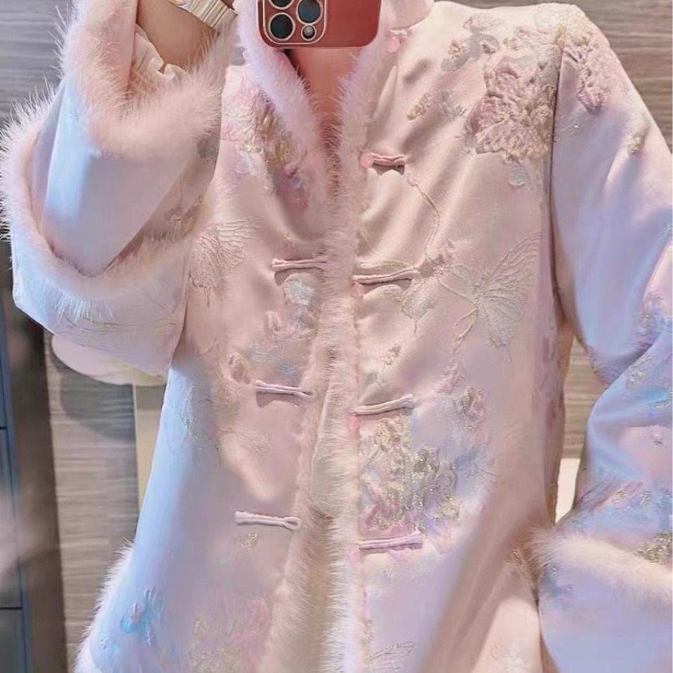 粉色提花貂毛加棉拜年棉服外套