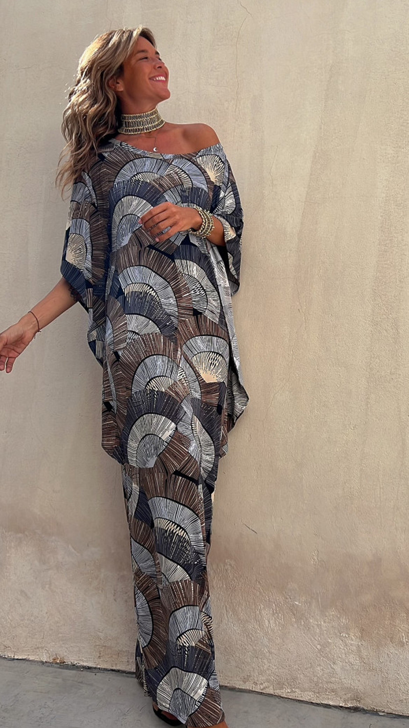 Women's Regular Dress Casual U Neck Patchwork Pleated 3/4 Length Sleeve Printing Maxi Long Dress Daily display picture 2