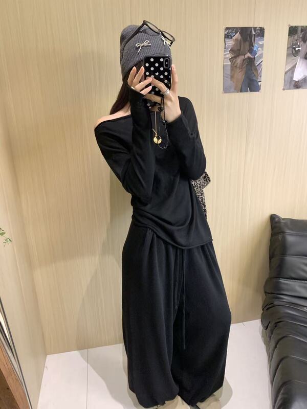 韩系简约慵懒风一字肩套头上衣女针织花苞裤早秋两件套装休闲套装|undefined