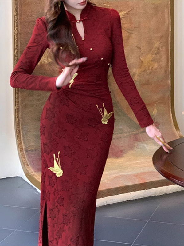 喜相逢新中式改良旗袍女早秋订婚长袖提花针织红色连衣裙|undefined