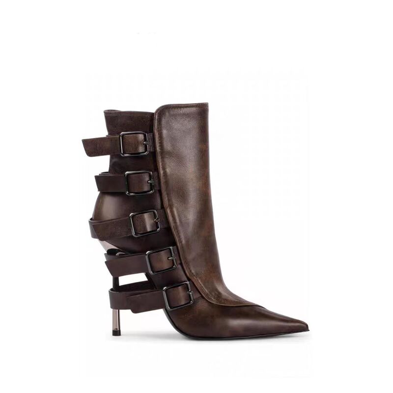 European and American Export Pointed Toe Belt Buckle Large Size Stiletto Short Boots Color Matching Catwalk Fashion Naked Boots Calf Mid-Calf Boots for Women European and American Export Pointed Toe Belt Buckle Large Size Stiletto Short Boots Color Matching Catwalk Fashion Naked Boots Calf Mid-Calf Boots for Women
